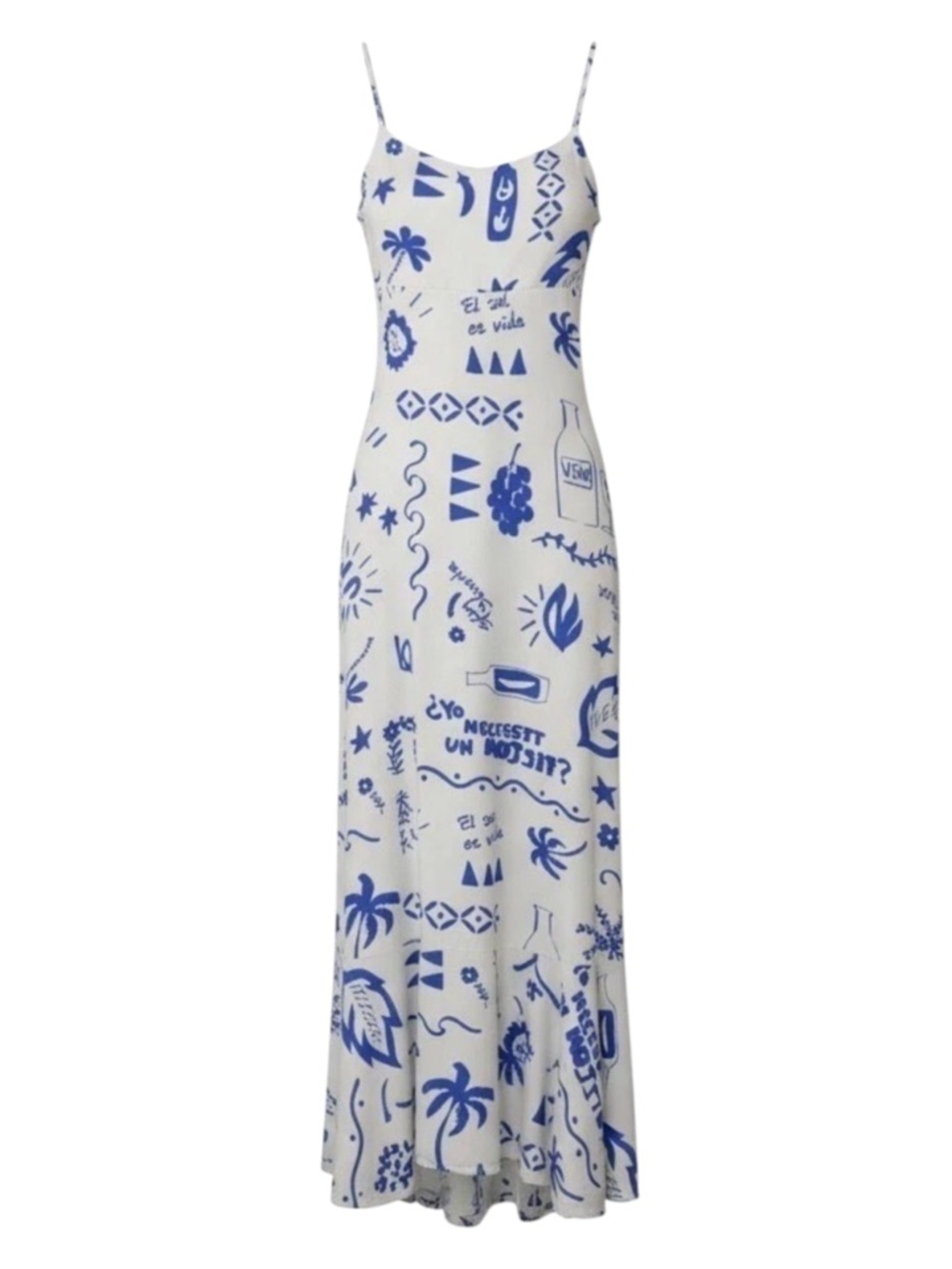 Paper Heart White Maxi Slip Dress with Blue Graphic Print XS 100% Rayon